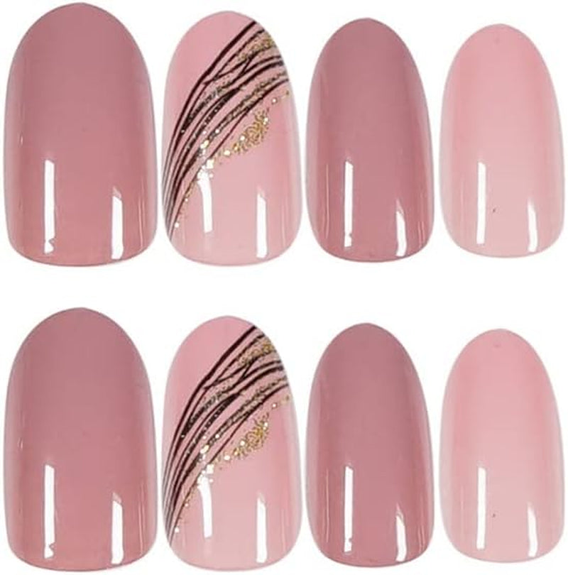Almond Oblique Gold Thread French Designs 24 Pcs Cute Pointed Oval Shape Press on Nails Pink Full Coverage Short Length Fake False Nails, Art for Women and Girls Stick on Nails