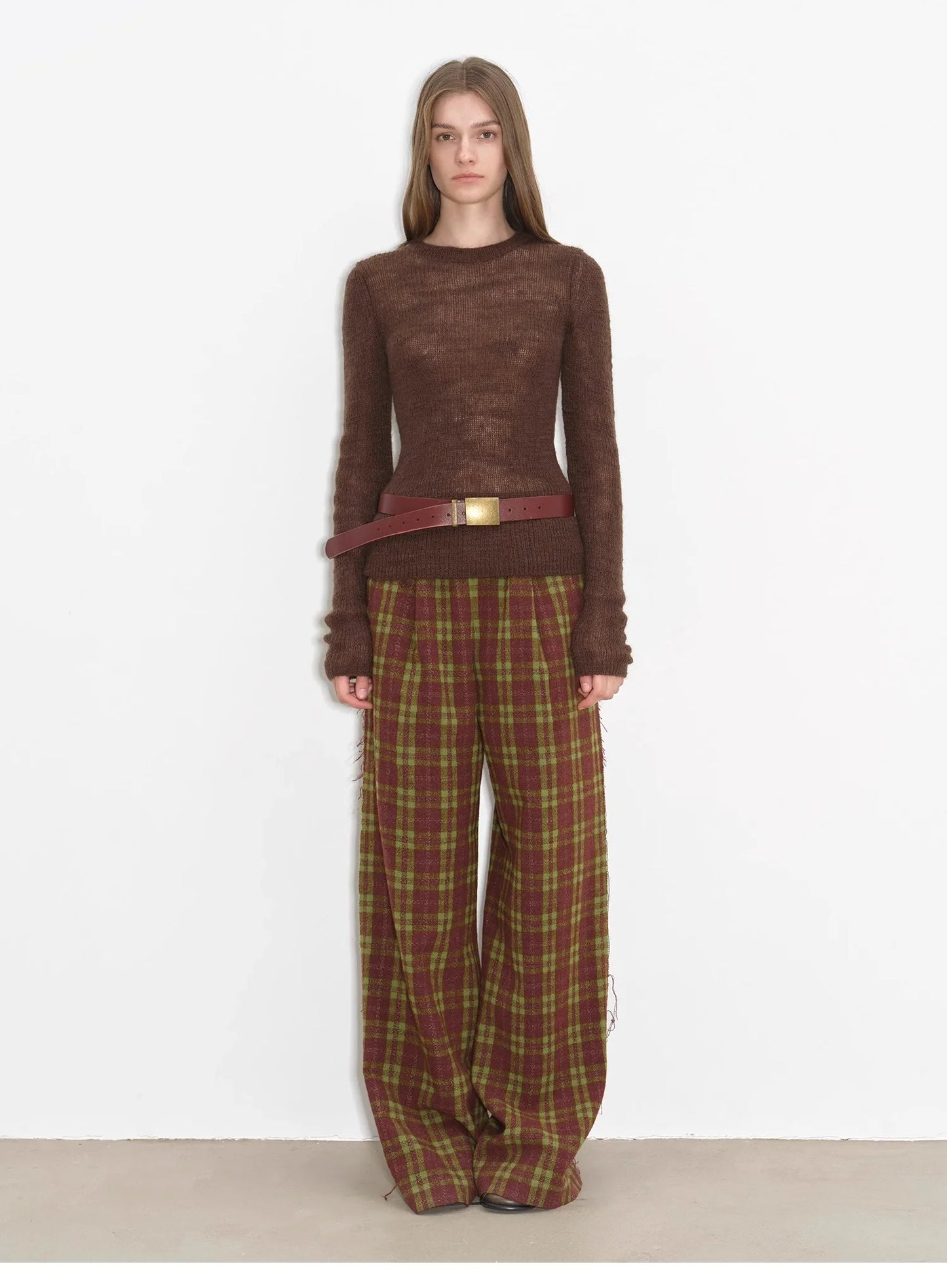 "Vintage Opportunity" High-Proportion Merino Wool Single Pleated Plaid Tweed Low-Rise Wide-Leg Casual Pants