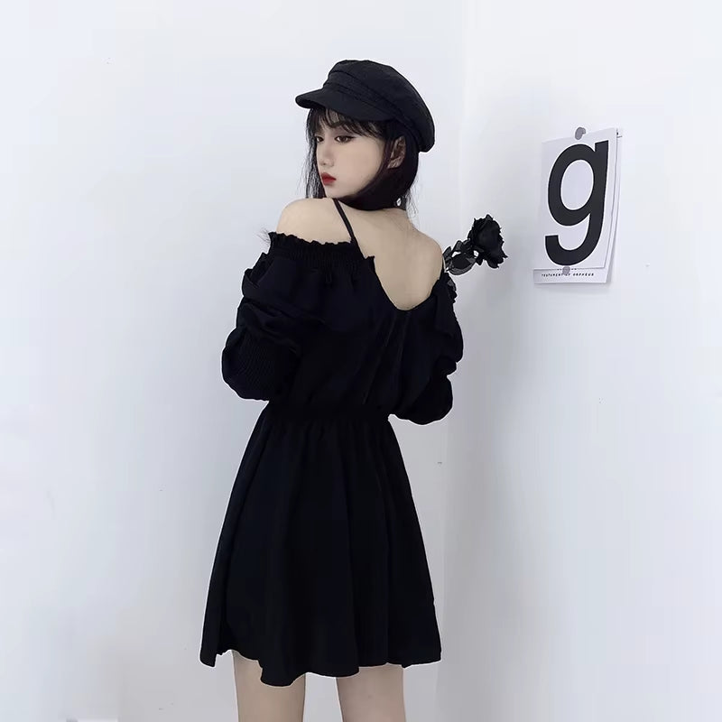 Women Dress M-4XL Lace up Black Autumn 2024 Sexy High Waist Femme Dresses off Shoulder Long Sleeve Gothic Clothes