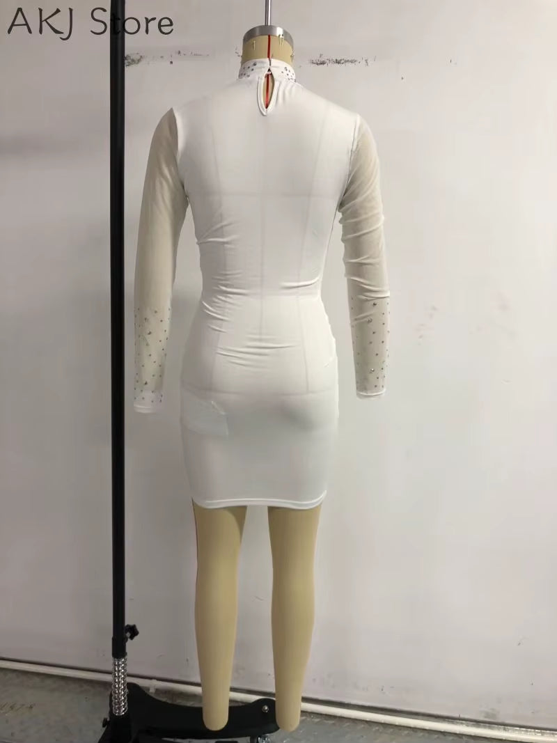 Women Sexy Rhinestone Contrast Mesh Long Sleeve Bodycon Dress Lace Perspective Dresses