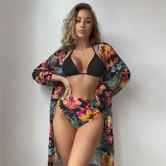 Floral Printed Halter Bikini 3 Pieces High Waisted Sexy Women Swimwear Padded Bikini Ser + Cover up Black/White/Orange Colors