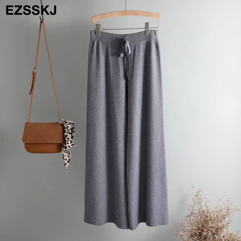 2020 Autumn Winter New THICK Casual Straight Pants Women Female Drawstring Loose Knitted Wide Leg Pants Casual Trousers