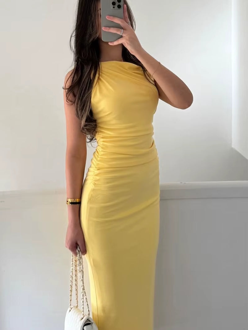 Elegant Dress for Women Yellow Asymmetric Sleeveless Pleated Long Dresses Woman 2025 Summer Vintage Party Evening Dress