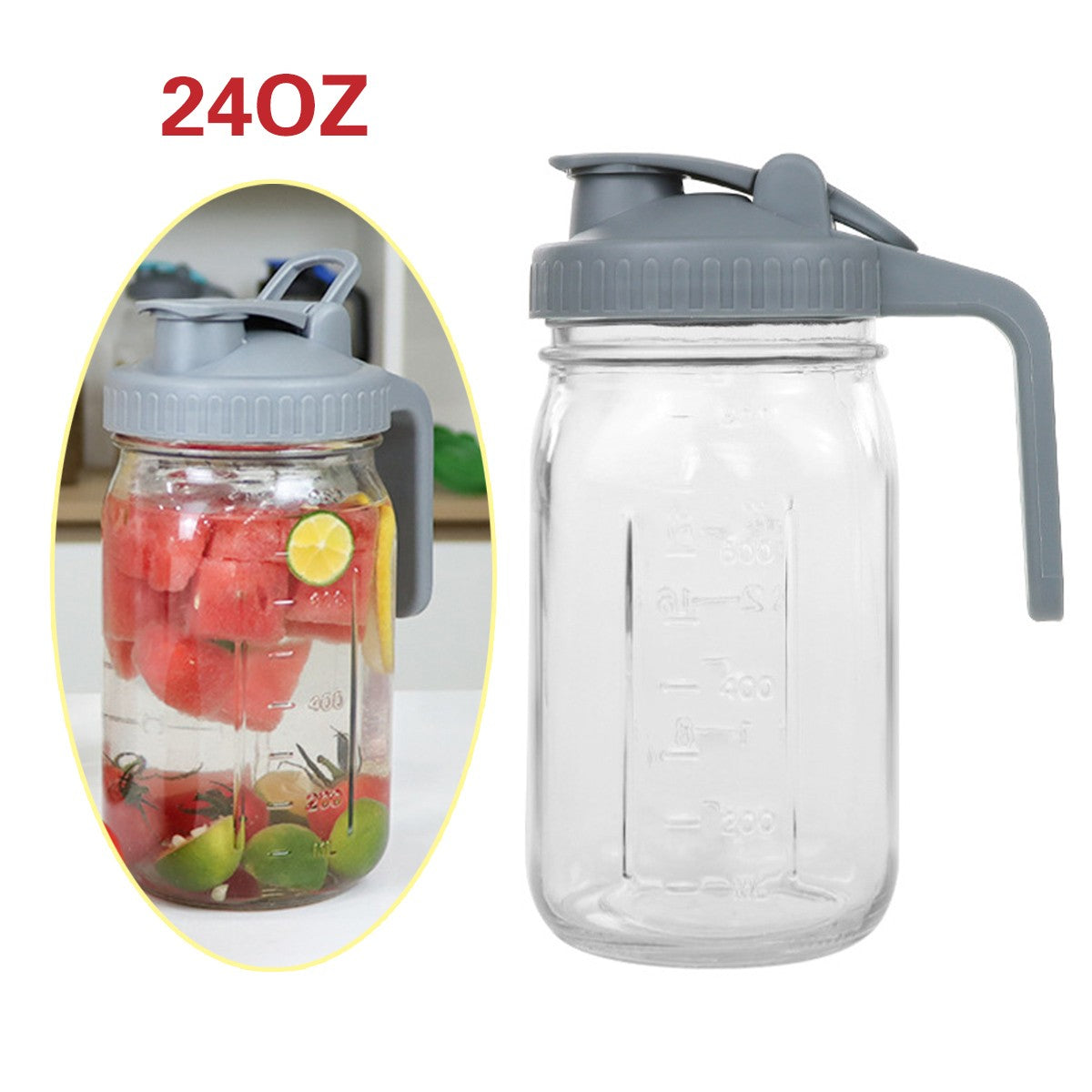 24 OZ Mason Glass Pitcher with Lid Leak Proof Pour Spout and Handle for Drinks