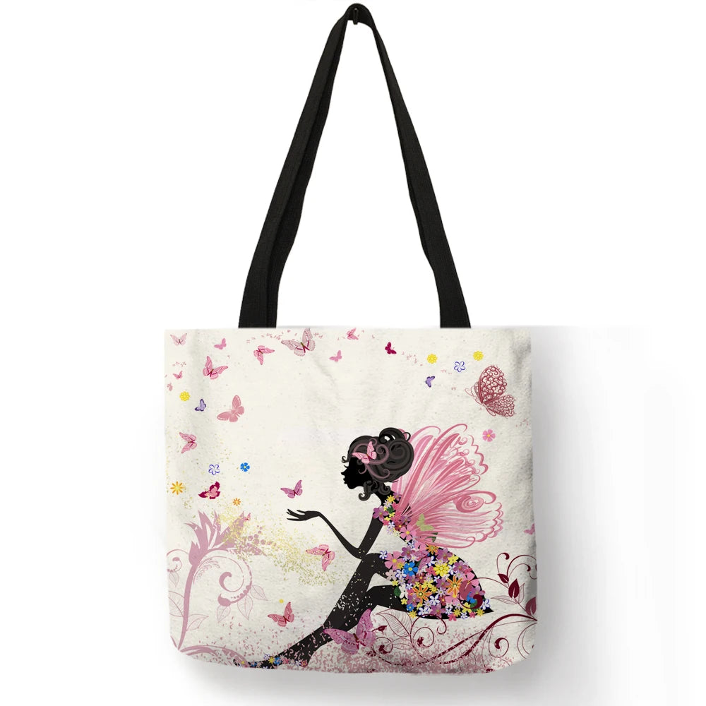 Wishing Girl Print Linen Reusable Shopping Bags Women Large Tote Bags 2020 Fashion Handbags with Customized Printed