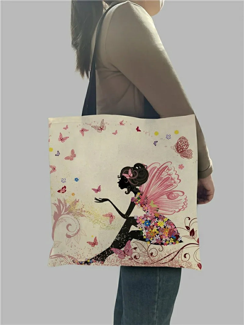 Wishing Girl Print Linen Reusable Shopping Bags Women Large Tote Bags 2020 Fashion Handbags with Customized Printed