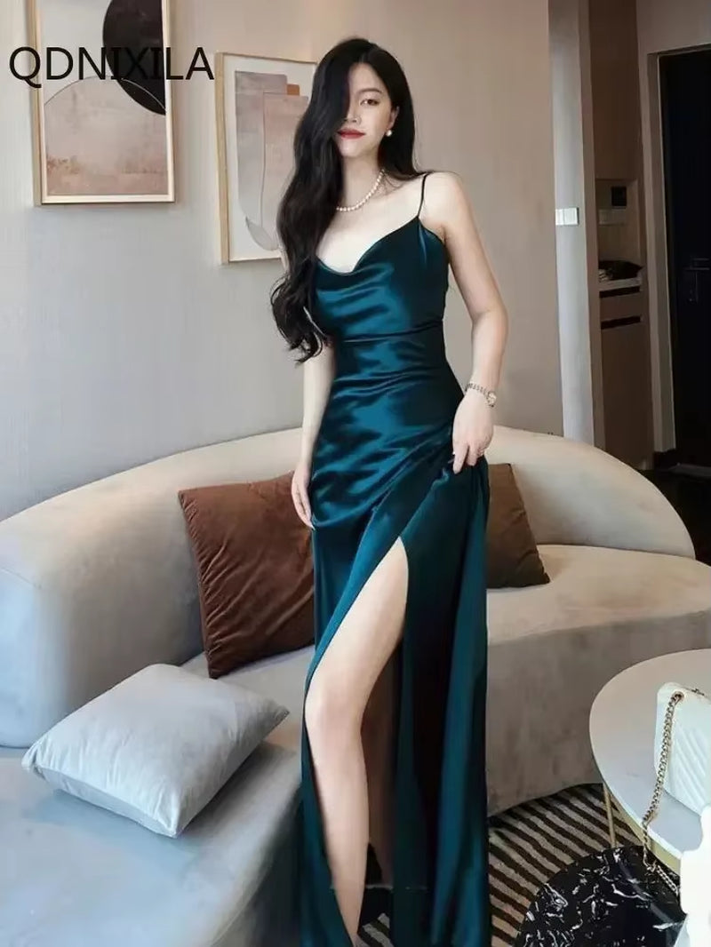 Women'S Satin Open Back Dress, Spaghetti Strap, Slim Fit, Monochromatic, Party Dresses, Sensual, Sexy, New,Summer Dress