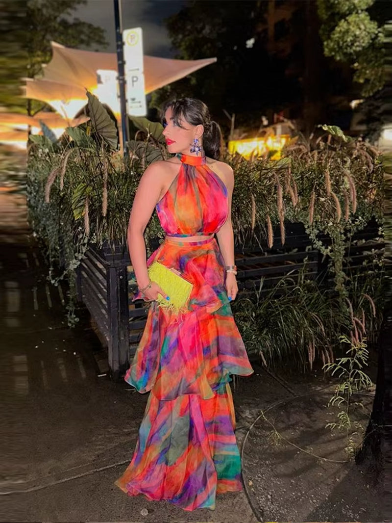 Printed Stacked Ruffle Hem Women Dress Sleeveless Halter High Waist Long Dresses 2025 Spring Summer Fashion Lady Party Robe