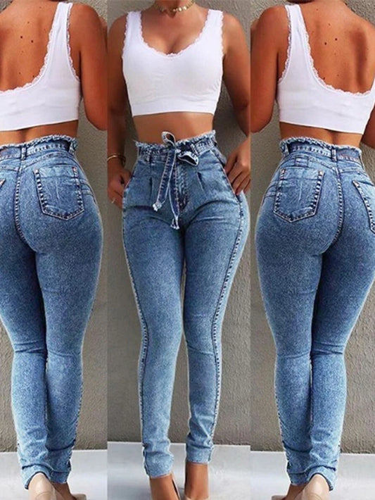 High Waist Jeans for Women Slim Stretch Denim Jean Bodycon Tassel Belt Bandage Skinny Push up Jeans Woman Clothe 4XL 5XL