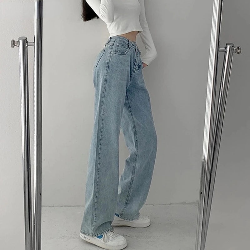 High Waist Jeans Women Loose Solid Mopping Simple Street Denim Trousers Girls Trendy Designed All-Match Young Lady Stylish Ins
