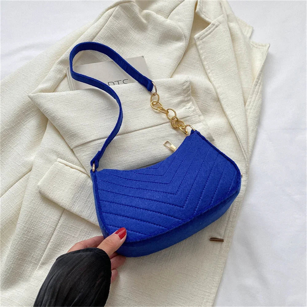 Felt Mini Shoulder Bag Women Fashion Solid Color Casual Handbags with Chain Shoulder Pouch Simple Light Weigh Underarm Bag