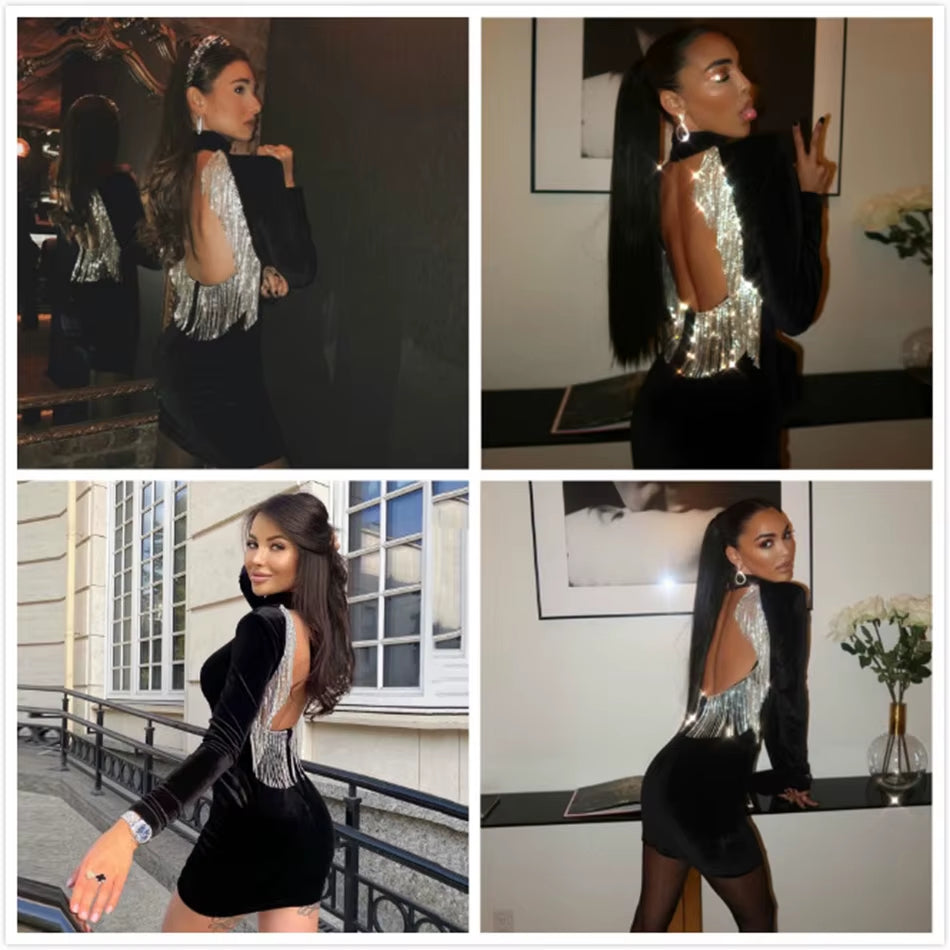 2024 High Quality Black Green Sexy Fashion Backless Diamonds Tassel Rayon Velvet Dress Evening Party Dresses Vestidos