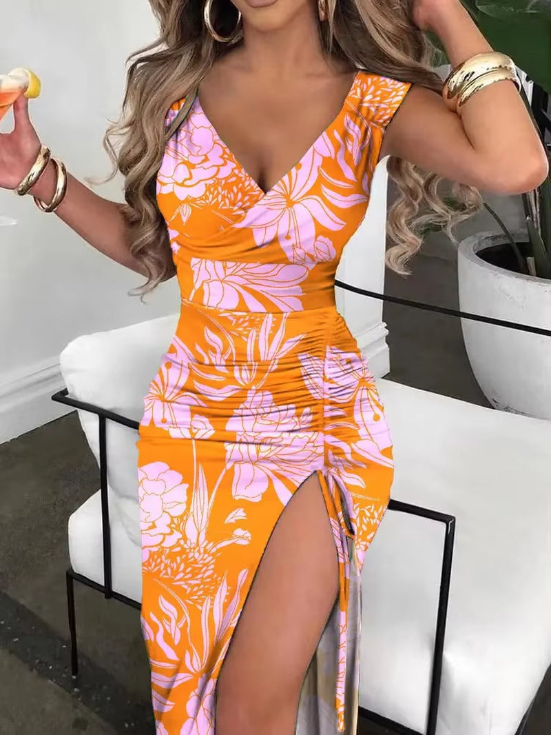 Elegant Women's High Split V-Neck Dress for Spring 2025 - Slim Fit Sleeveless Casual Office Attire