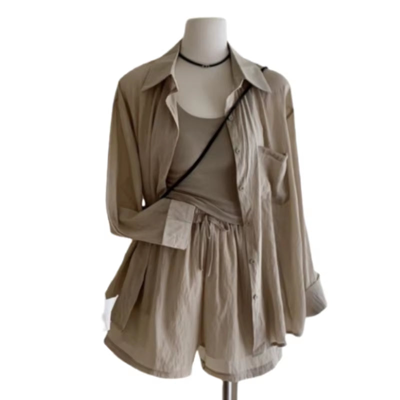 Lazy Korean Casual Polo Collar Sun Protection Shirt with Stacked Short Suspender Vest Shorts Three Piece Set for Woman