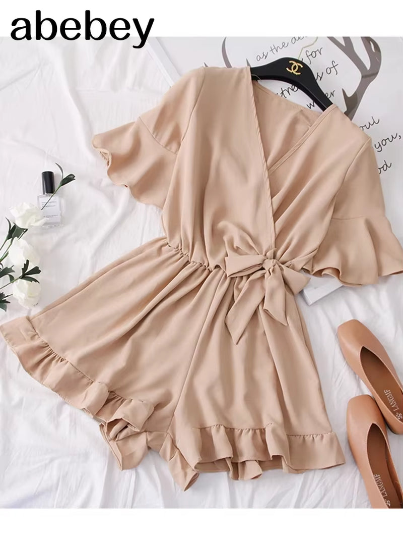 Women Rompers Casual Wide Leg Pants Overalls Short Sleeve V Neck Solid Playsuits Summer Beach Chiffon Ruffle Jumpsuits