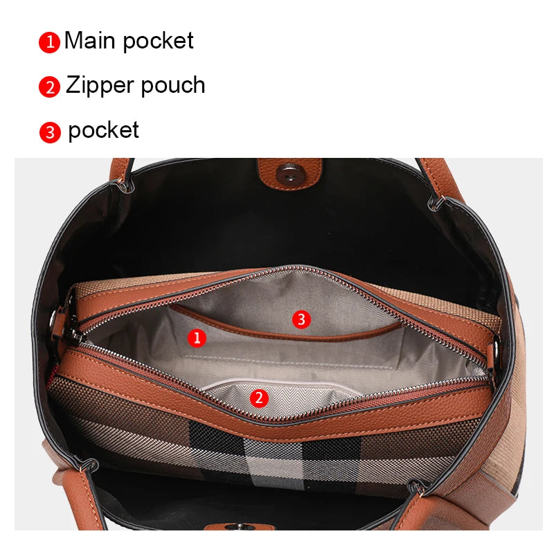 2025 New Retro Checkered Women'S Handbag, Large Capacity Luxury Bag, Canvas Genuine Leather Bag