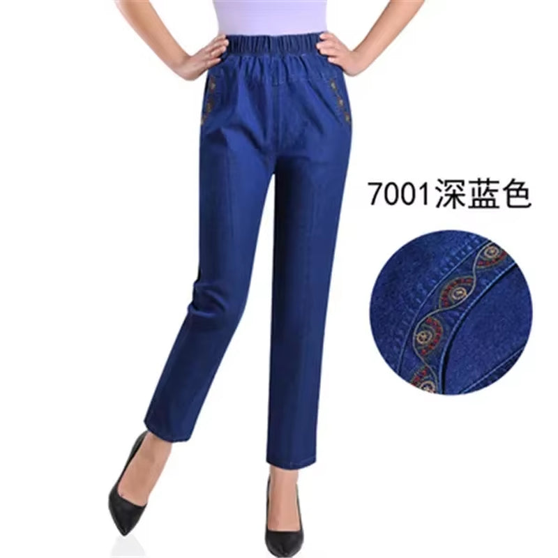 L-5XL Jeans Female Spring Summer New Embroidery Nine Denim Pants Slim High Waist Elasticity Casual Women Cowboy Pants H450