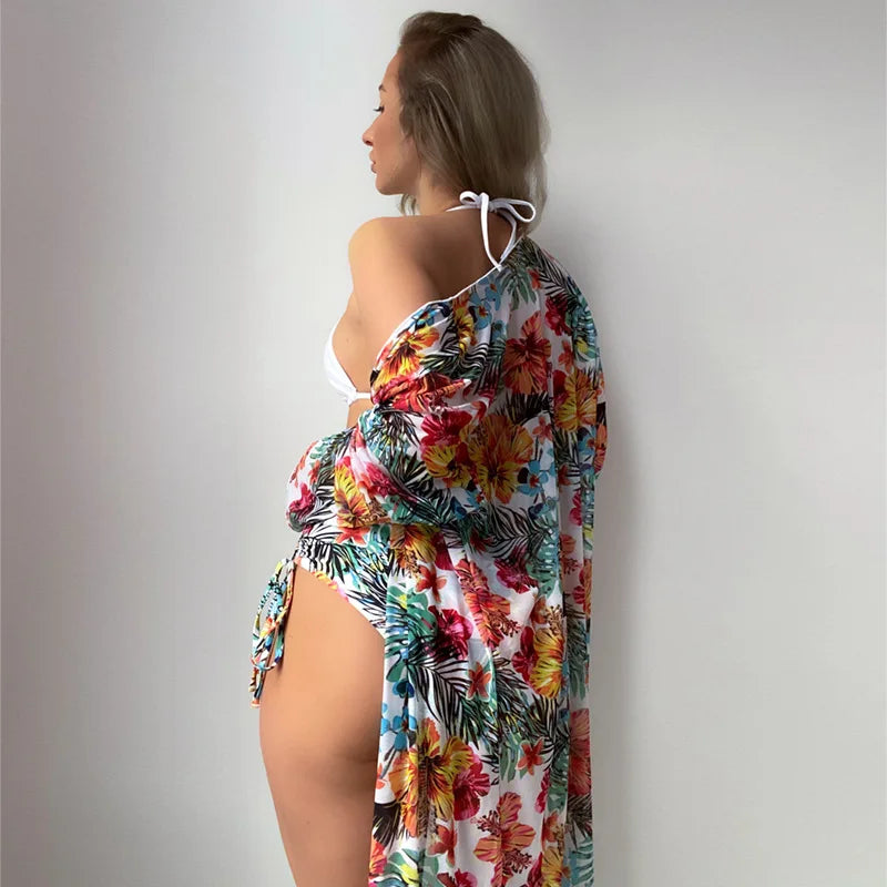 Floral Printed Halter Bikini 3 Pieces High Waisted Sexy Women Swimwear Padded Bikini Ser + Cover up Black/White/Orange Colors