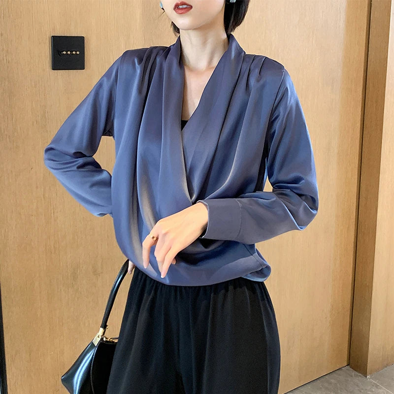 Autumn Spring French Silk Satin Shirts Women Sexy V-Neck Long Sleeve Fashion Women Shirt Lady Office Blouses Female Loose 2022
