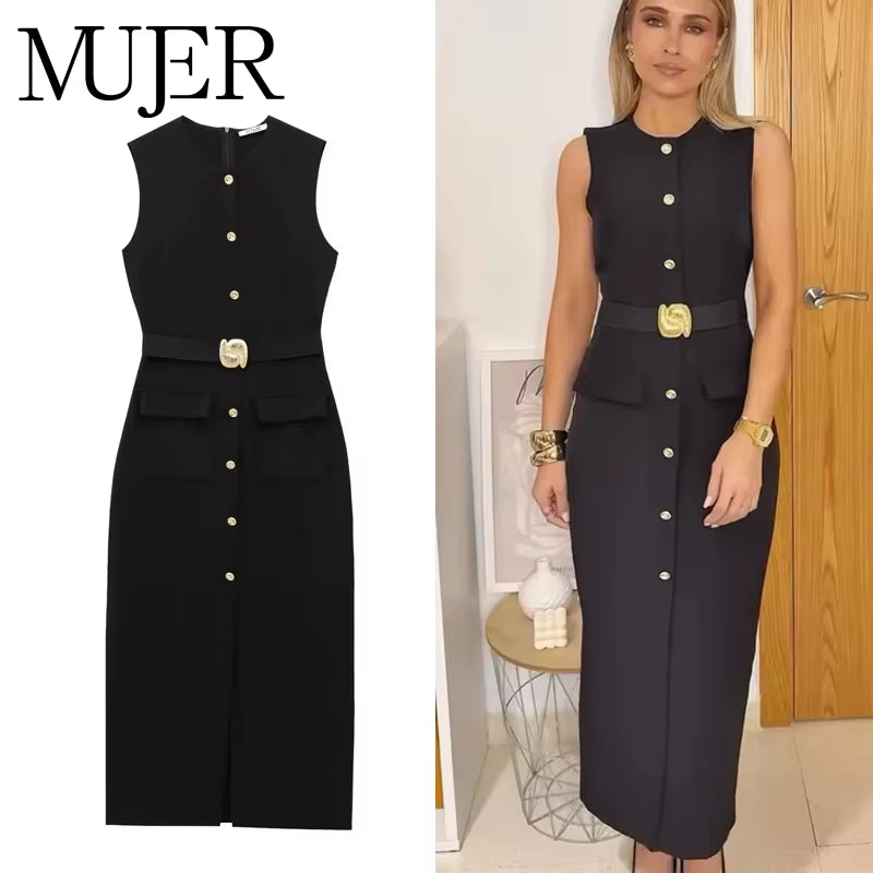 2025 Womens Dresses Black Office Long Dresses for Women Spring Sleeveless Midi Dress Woman Belt Button Women'S Dress Vest