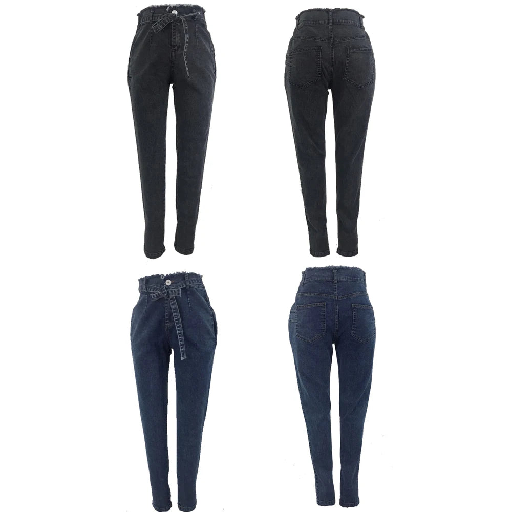 High Waist Jeans for Women Slim Stretch Denim Jean Bodycon Tassel Belt Bandage Skinny Push up Jeans Woman Clothe 4XL 5XL