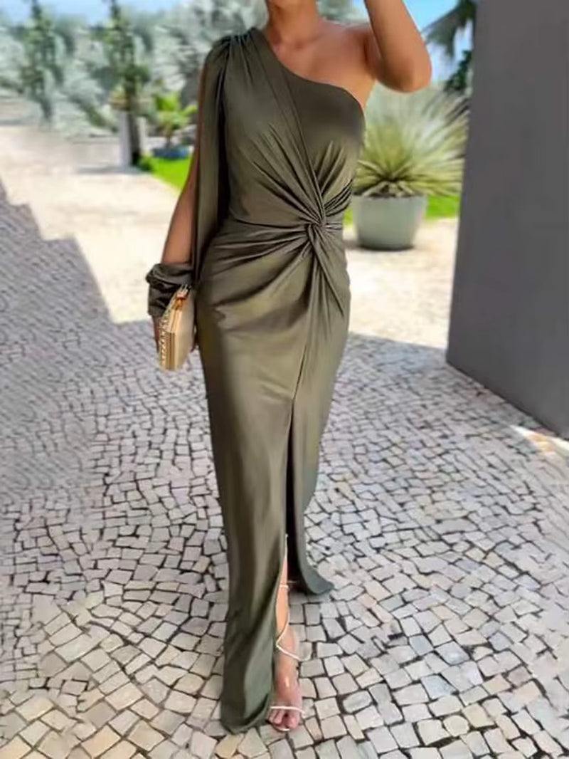 2024 Women One Shoulder Long Party Dress Spring Autumn Solid Full Sleeve Split Ladies Dresses Elegant Streetwear Dropshipping