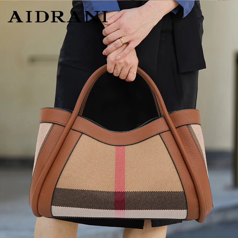2025 New Retro Checkered Women'S Handbag, Large Capacity Luxury Bag, Canvas Genuine Leather Bag
