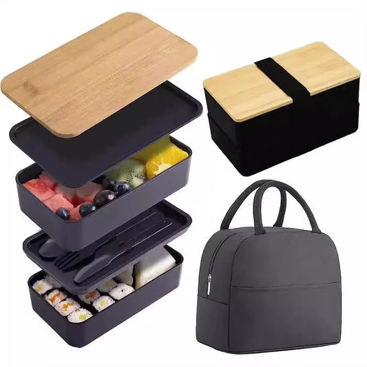 Japanese Style Double Layer Lunch Box Bamboo Cover Insulated Thermal Lunch Box with Seal and Utensils Microwave Safe Food Preser