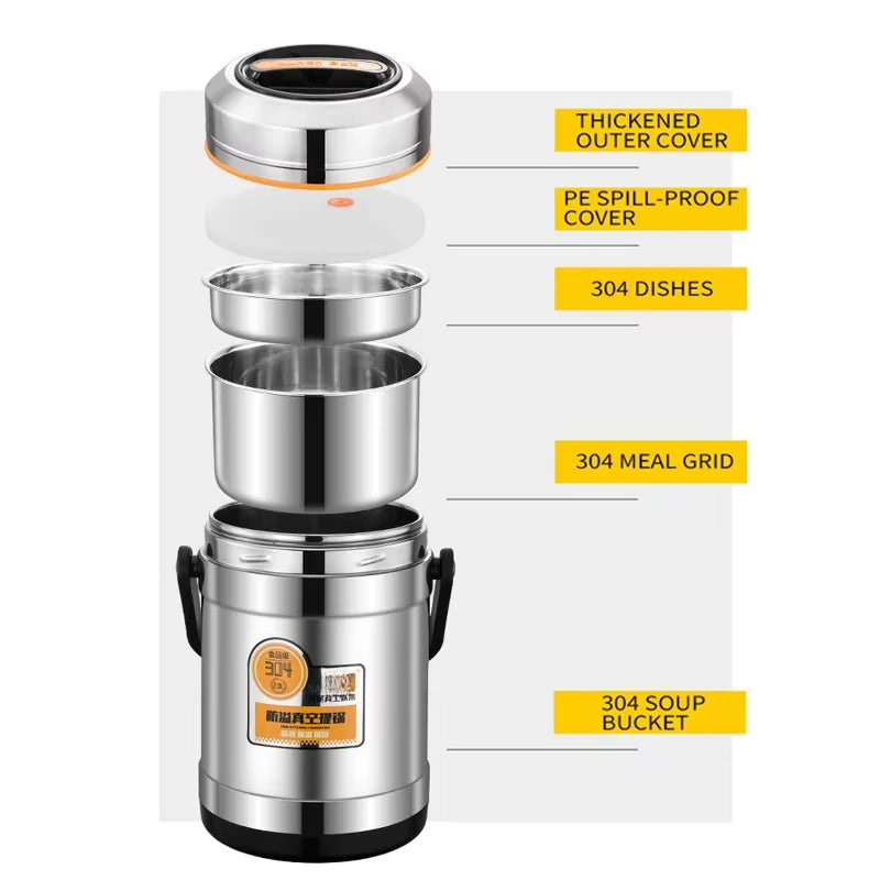 Stainless Steel Vacuum Thermal Lunch Box Large Capacity Multiple Layers Insulated Barrel Bento Box Carrying Pot