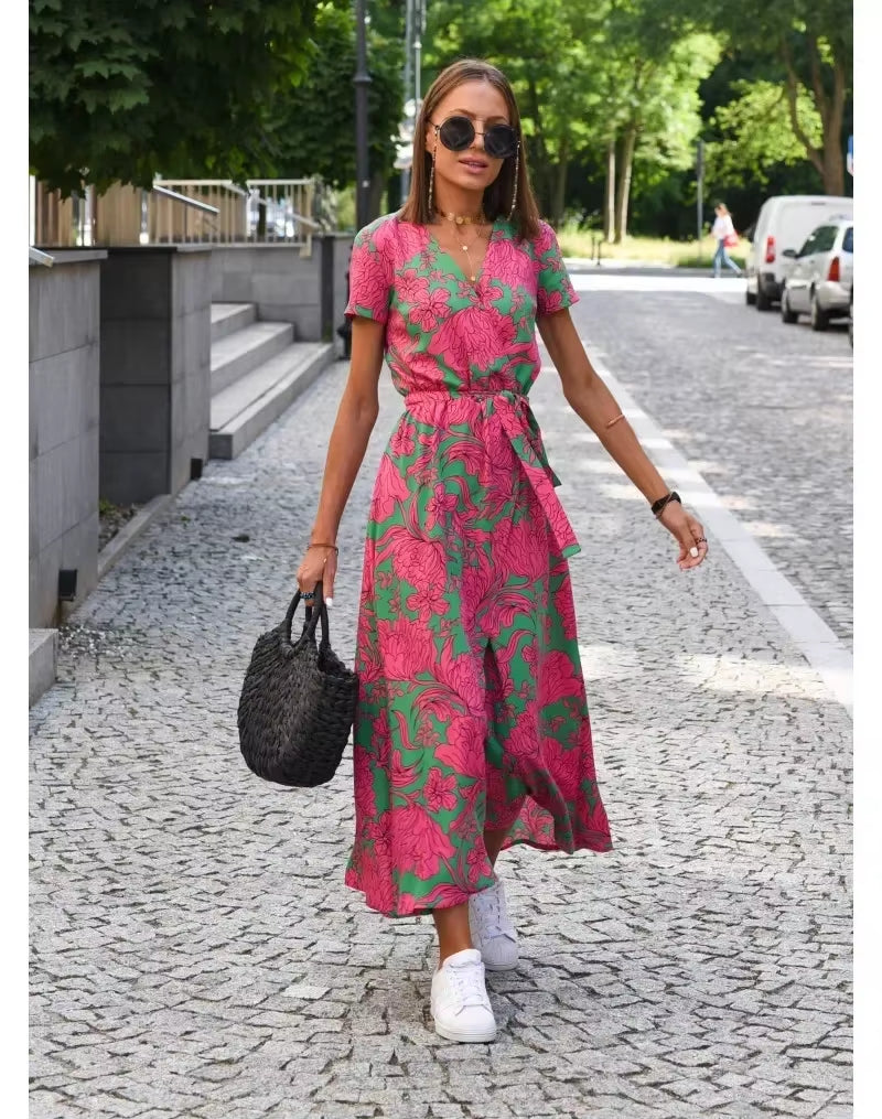 Summer Women'S New V-Neck Floral Printed Mid-Length Dress Split Vacation Style Fashion Long Dresses