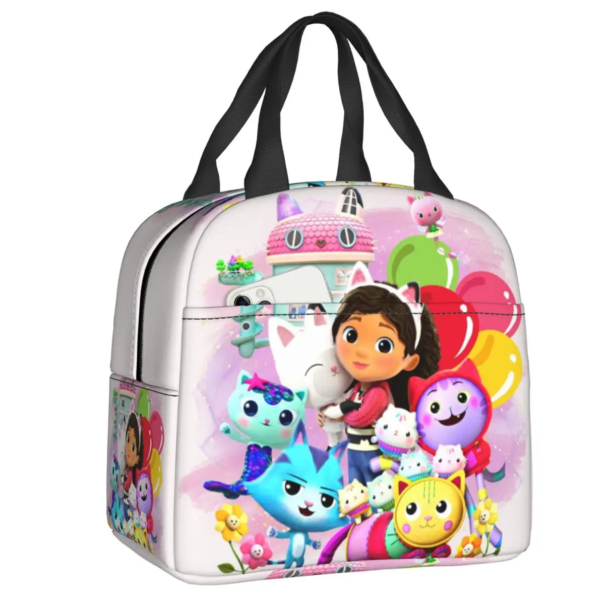 Custom Gabbys Dollhouse Portable Lunch Box Women Waterproof Cartoon Kitten Cats Thermal Cooler Food Insulated Lunch Bag