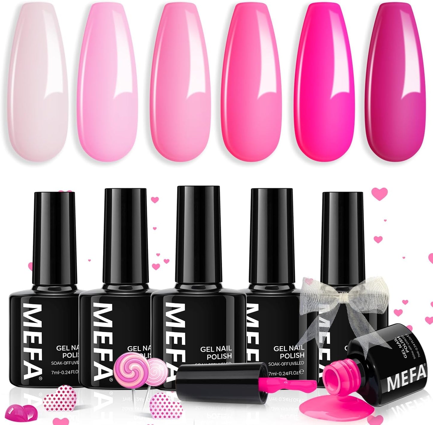 Pink Gel Nail Polish Set 6 Colors, Valentines Day Gifts Hot Pink Shades, Neon Light Bright Pink Magenta Electric Tones Craze Sakura Nail Art Design Salon at Home DIY Manicure Kit for Women Girls