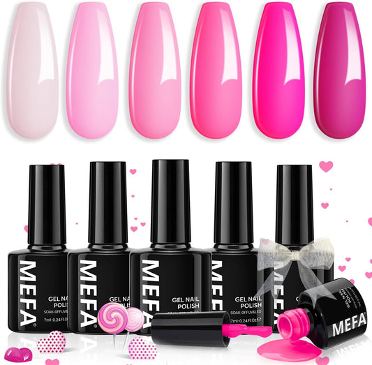 Pink Gel Nail Polish Set 6 Colors, Valentines Day Gifts Hot Pink Shades, Neon Light Bright Pink Magenta Electric Tones Craze Sakura Nail Art Design Salon at Home DIY Manicure Kit for Women Girls