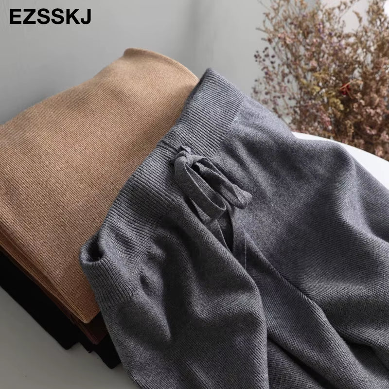 2020 Autumn Winter New THICK Casual Straight Pants Women Female Drawstring Loose Knitted Wide Leg Pants Casual Trousers