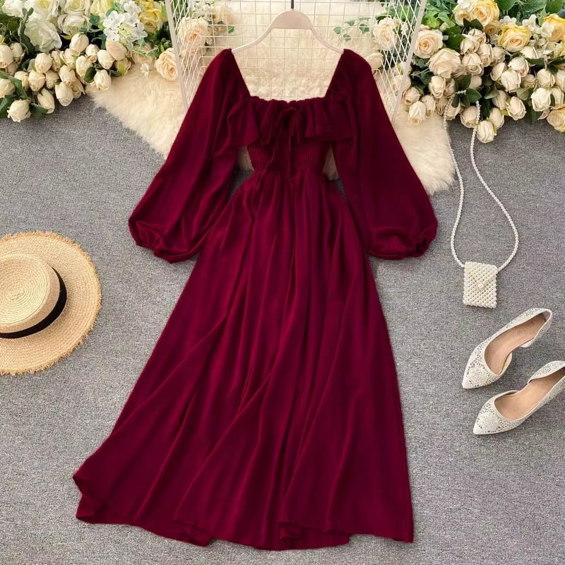 Chic Elegant Square Collar Maxi Dress Women Solid Chiffon Puff Sleeve Dresses 2025 Beach Party Robe Vintage Ruffle Vestidos Y2K