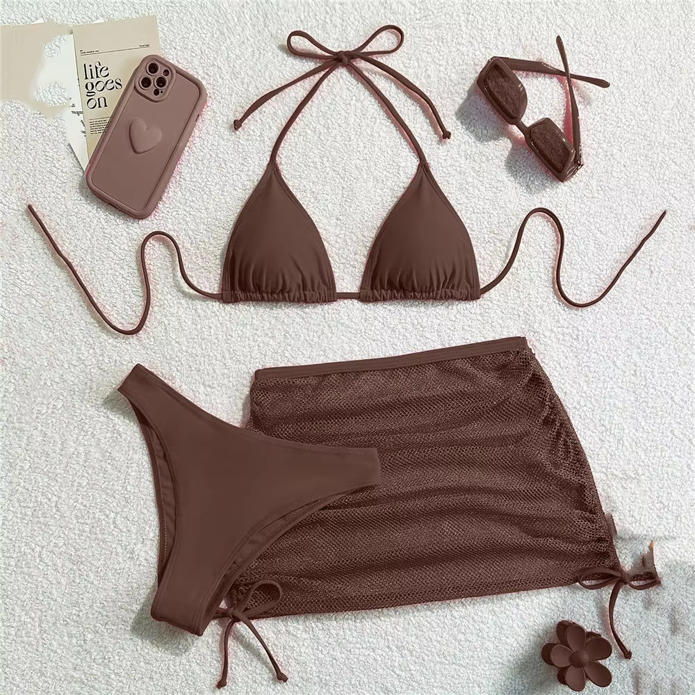 Solid Brown Swimwears String Halter Triangle 3 Piece Bikini Set Sexy Swimsuit Women 2025 Mesh Skirts Bathing Suit Bikinis Dames