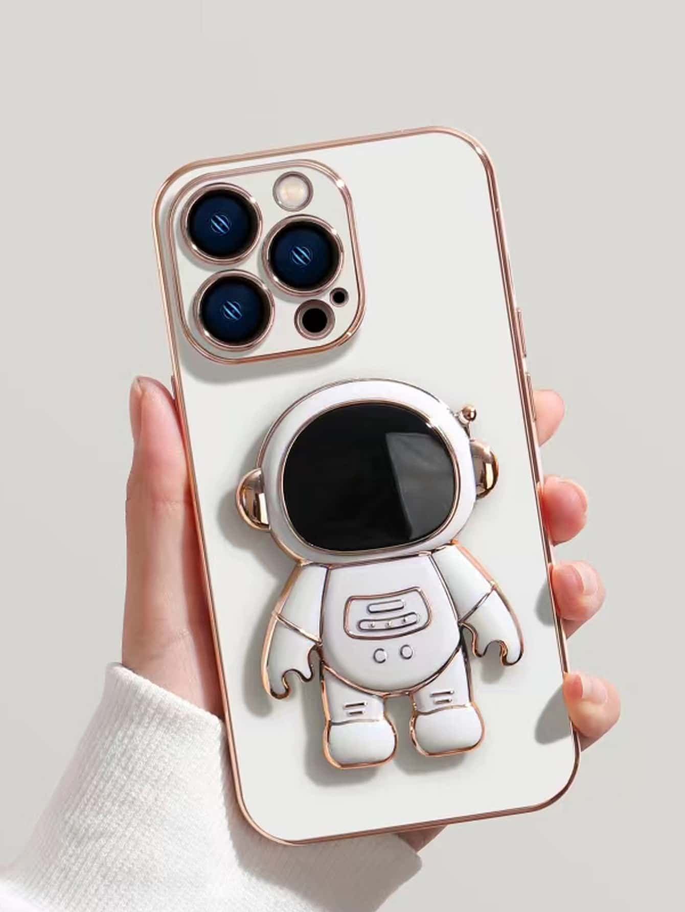 1Pc 6D Plated Tpu and 1Pc Plated Astronaut Holder, Anti-Fall Phone Case, Compatible with Apple, Samsung, Xiaomi, Huawei, Oppo Phones