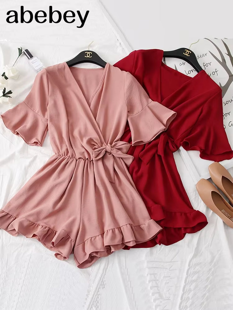 Women Rompers Casual Wide Leg Pants Overalls Short Sleeve V Neck Solid Playsuits Summer Beach Chiffon Ruffle Jumpsuits