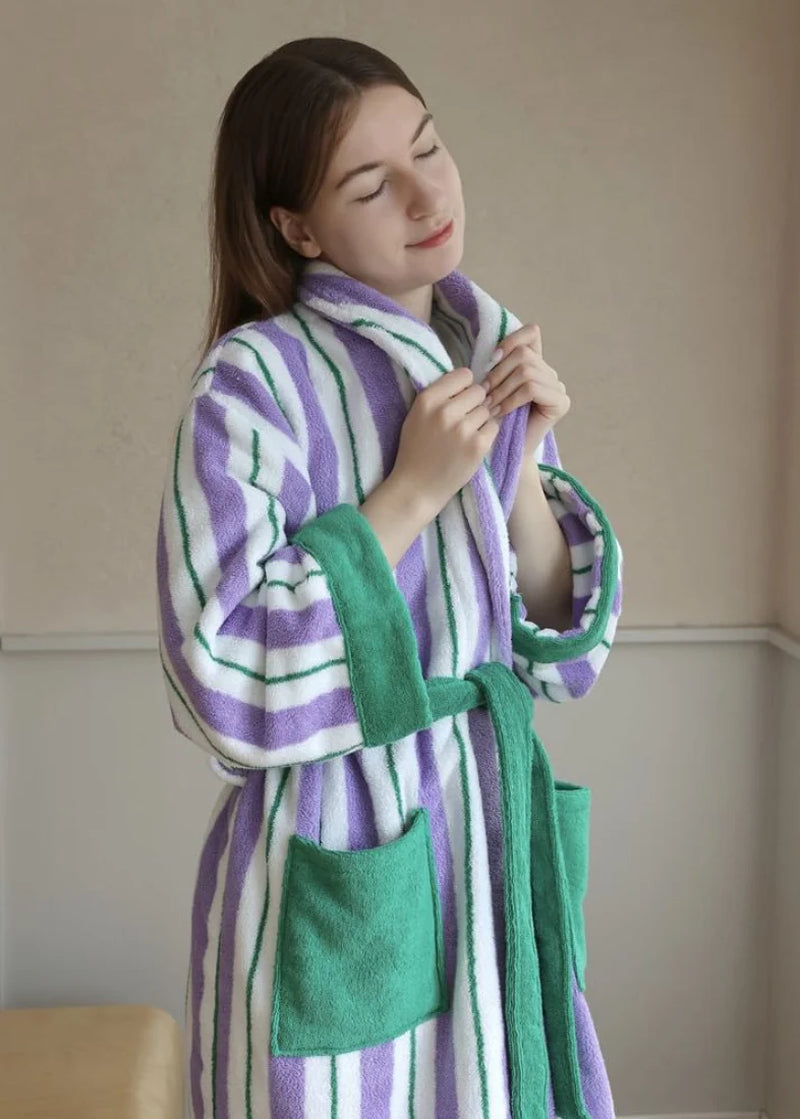 Ultra Soft Whimsical Retro Stripe Bathrobe - 100% Organic Long-Stapled Cotton