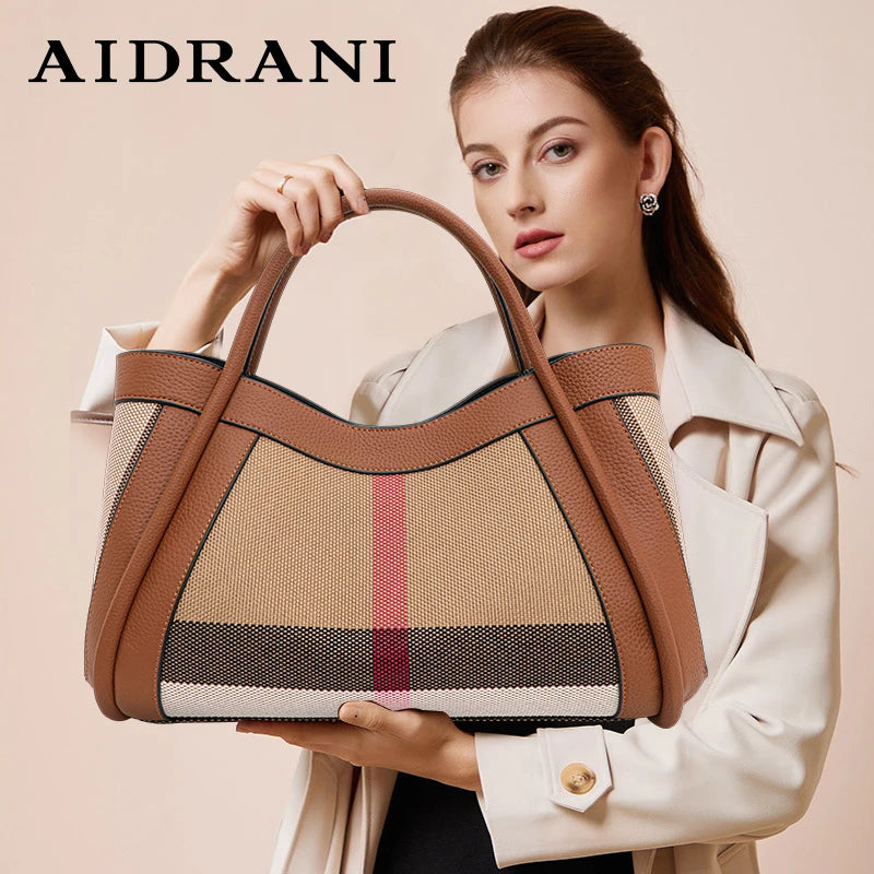2025 New Retro Checkered Women'S Handbag, Large Capacity Luxury Bag, Canvas Genuine Leather Bag