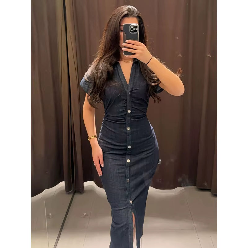 New Long Dresses 2025 Woman Fashion Summer Single Breasted Slim Fit Denim Skirts Women'S Clothing Top