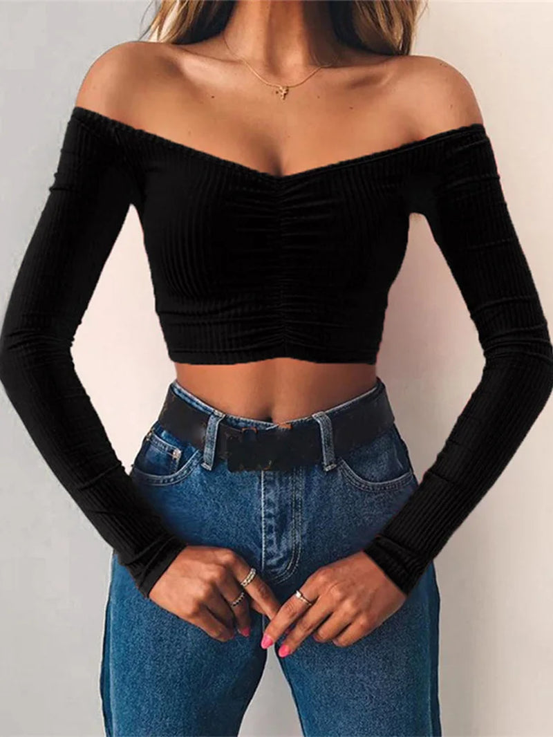 Women T-Shirts Sexy and Club Fashion Female T-Shirt Long Sleeve off Shoulder Solid Color Lady Tshirt Autumn Basic Tees