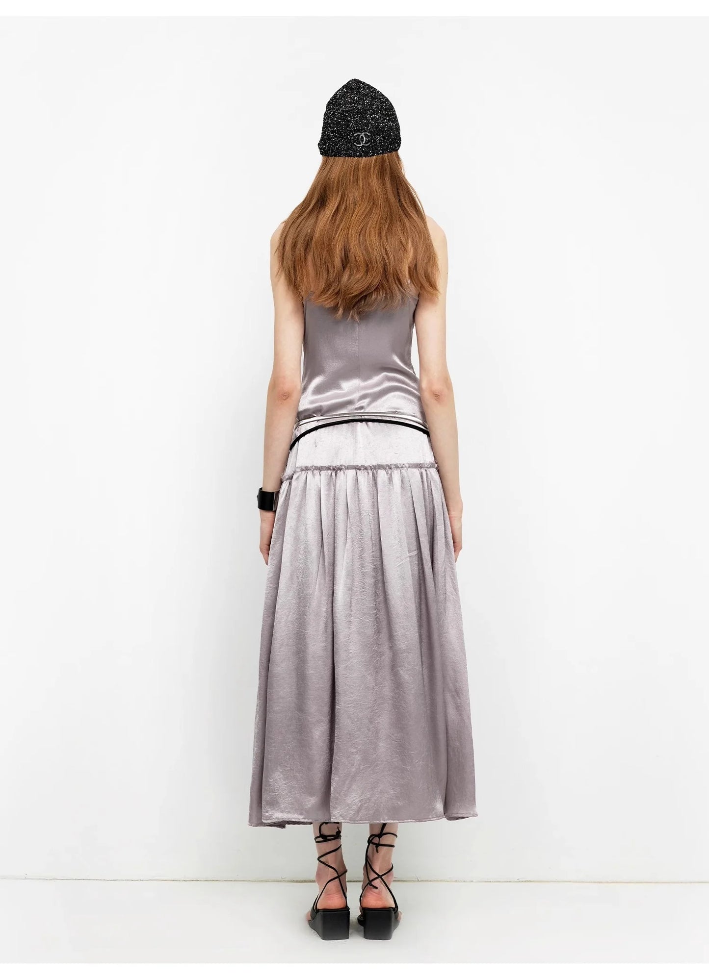 Luxurious and Light, Glossy and Silky 100% Acetate Low-Waisted Long Suspender Dress "Girls' Letterhead"
