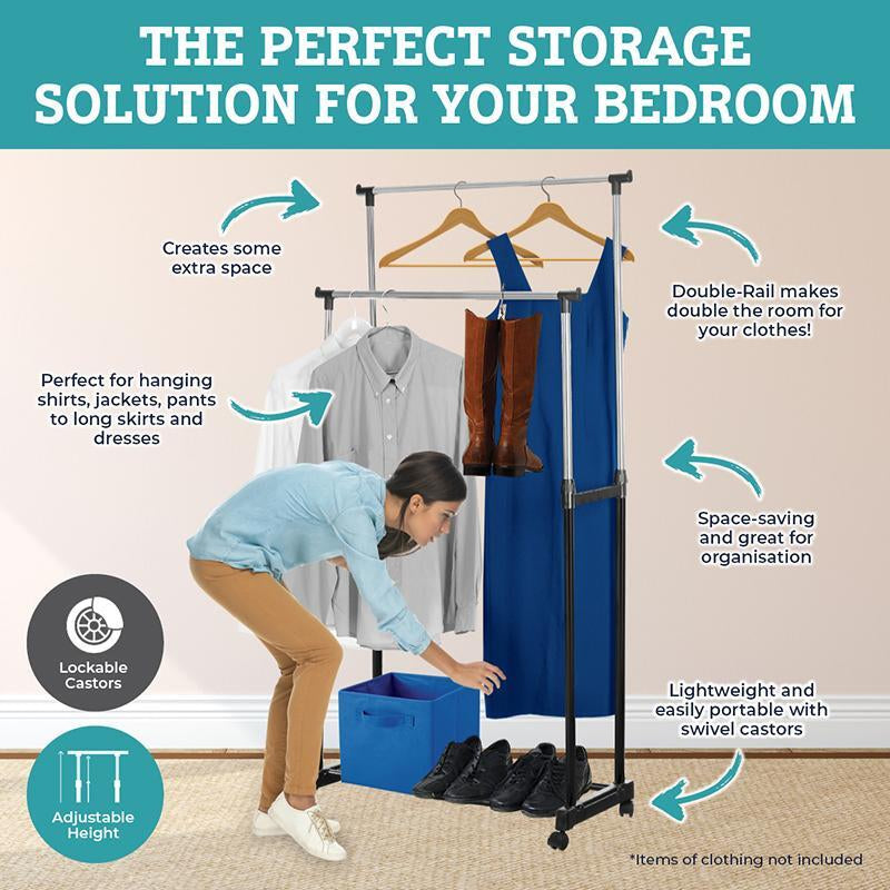 2 Tier Garment Rack Adjustable Height Lockable Castors 80-160Cm Home Master®