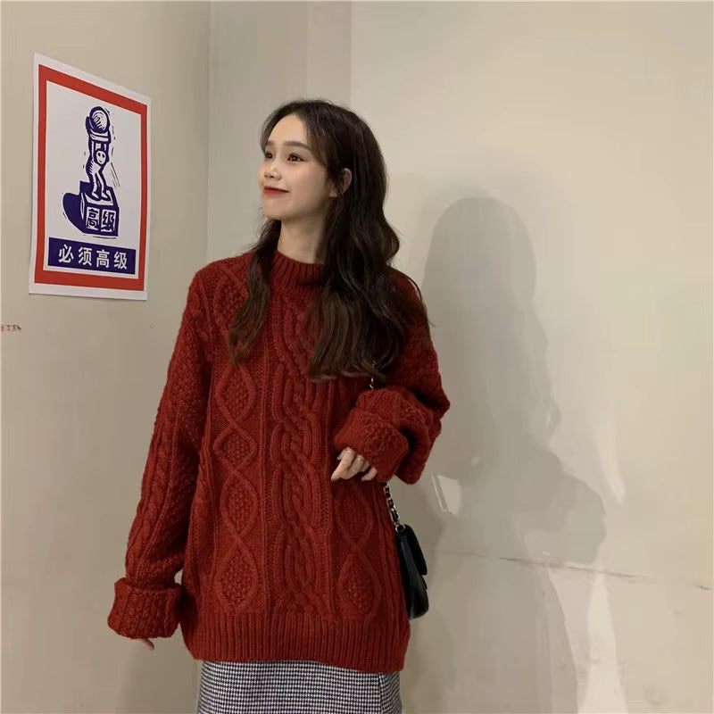 Pullovers Women Ins Preppy Loose Long Sleeve Retro Ladies Twisted Sweater All-Match Holiday Daily Sweet Femme Christmas Knitwear