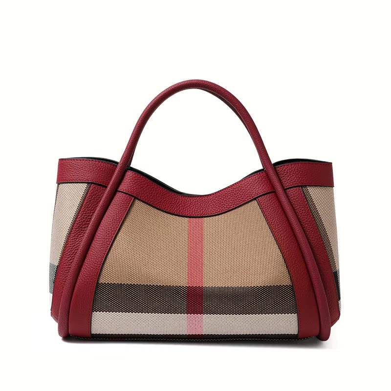 2025 New Retro Checkered Women'S Handbag, Large Capacity Luxury Bag, Canvas Genuine Leather Bag