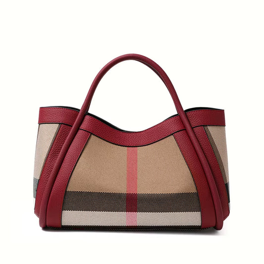 2025 New Retro Checkered Women'S Handbag, Large Capacity Luxury Bag, Canvas Genuine Leather Bag