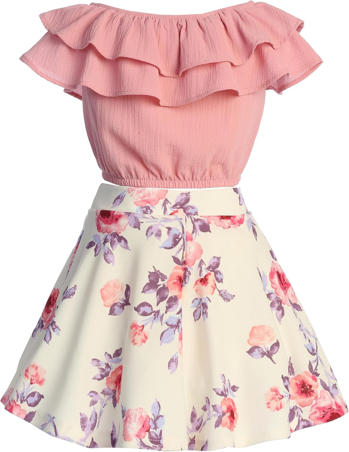 Girls off Shoulder Crop Ruffle Layered Top and Skirt Set Outfit USA 4-14
