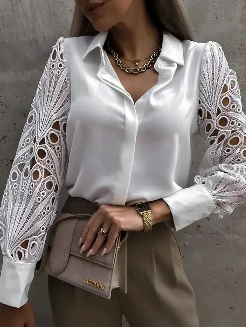 White Sexy Lace Hollow Out Women Blouse Autumn Spring Black Top Vintage Button up Shirts Long Sleeve Tops