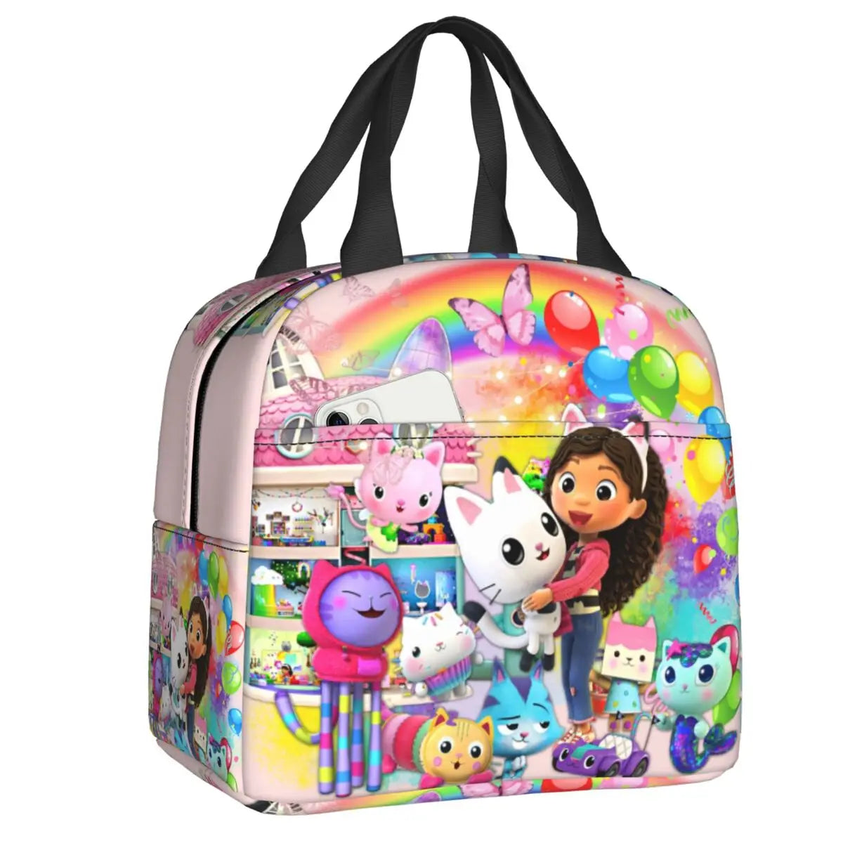 Custom Gabbys Dollhouse Portable Lunch Box Women Waterproof Cartoon Kitten Cats Thermal Cooler Food Insulated Lunch Bag